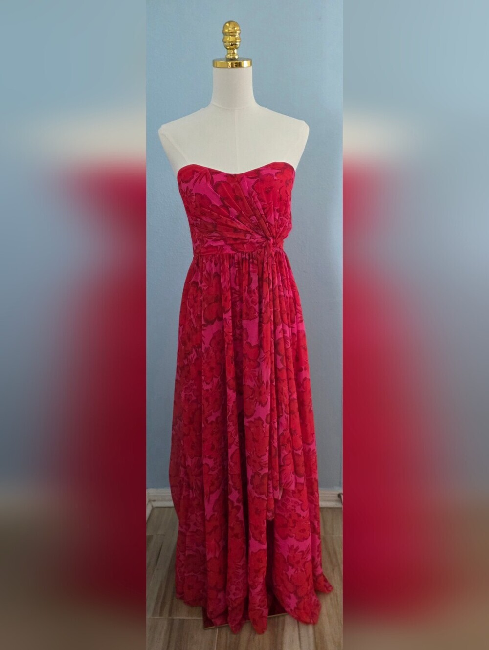 Badgley Mischka Strapless Red Floral Maxi Dress